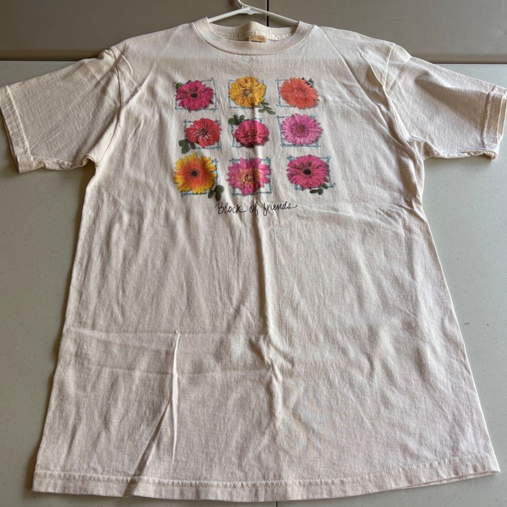 Vintage North West Blue Flower Graphic T-Shirt Cream Large Block of Friends 90s